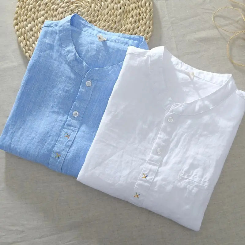 Camisa Casual de Linho com Gola Padre