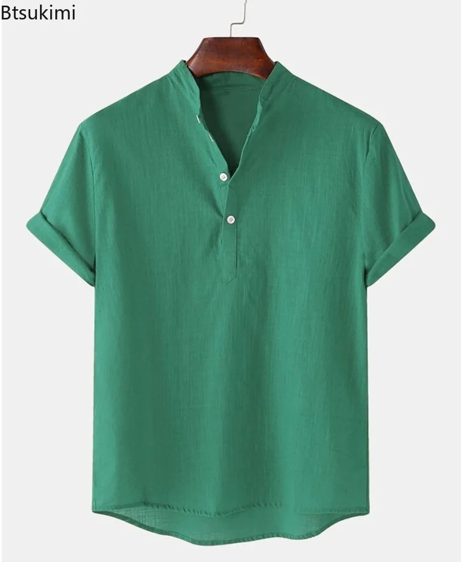 Camisa Henley de Linho Manga Curta