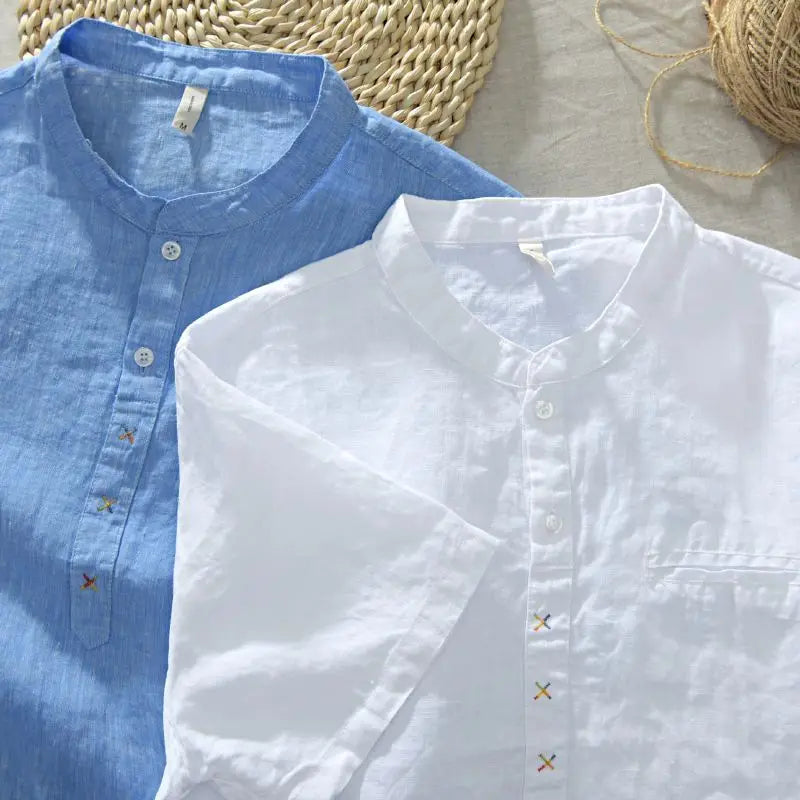 Camisa Casual de Linho com Gola Padre